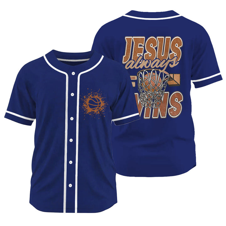 Christianartworkshop Retro Athletic Jesus Always Wins Basketball Themed Unisex Baseball Jersey - Navy Blue - 3XL - image 17