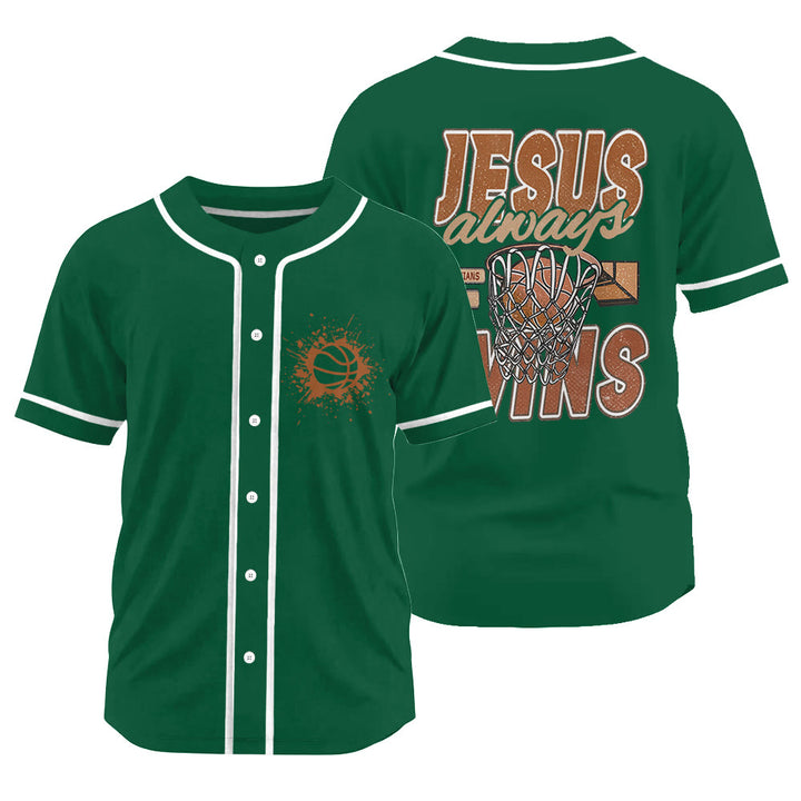 Christianartworkshop Retro Athletic Jesus Always Wins Basketball Themed Unisex Baseball Jersey - Green - 3XL - image 14