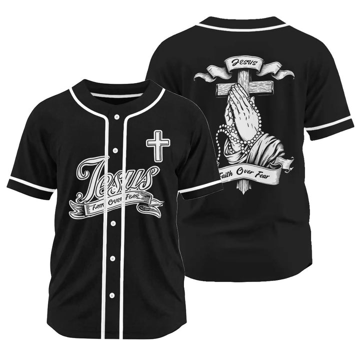 Christianartworkshop Inspirational Jesus Faith Over Fear Unisex Baseball Jersey with Praying Hands  - Black - 3XL - image 14