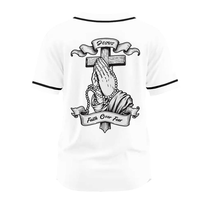 Christianartworkshop Inspirational Jesus Faith Over Fear Unisex Baseball Jersey with Praying Hands  - image 9