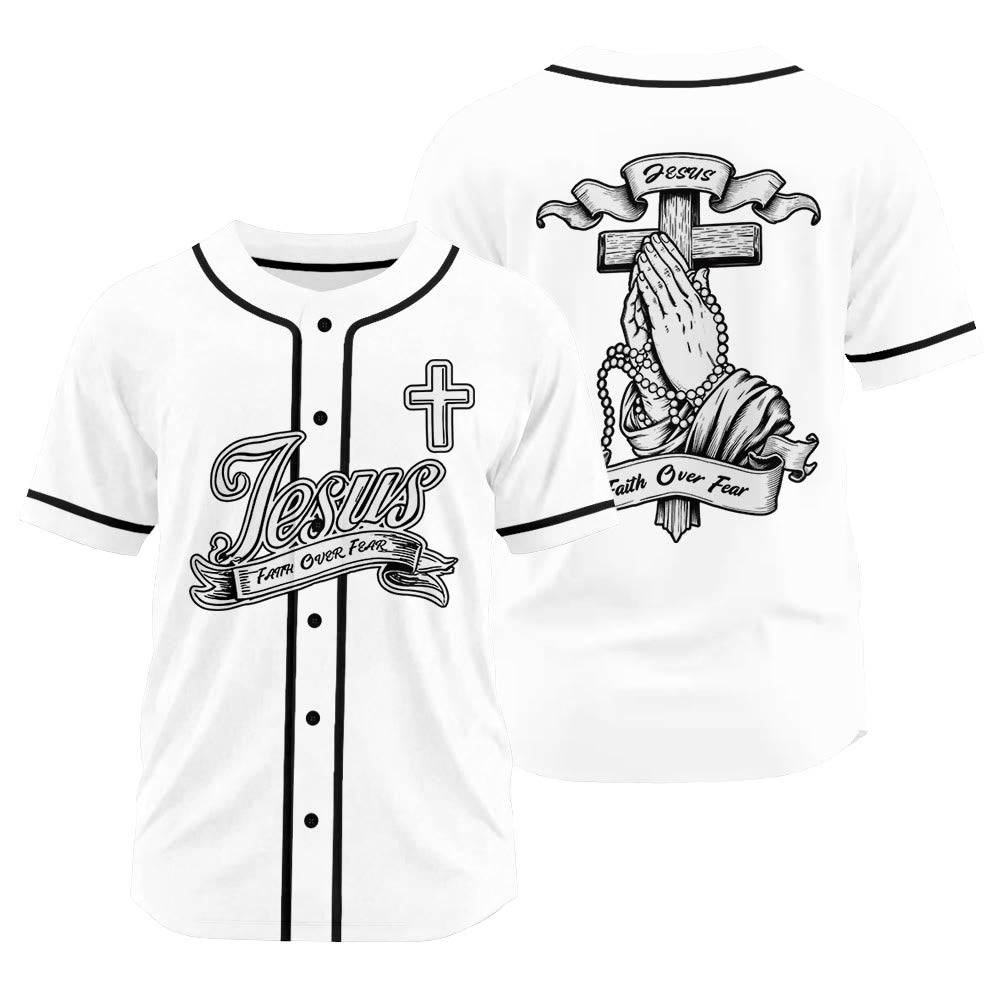 Christianartworkshop Inspirational Jesus Faith Over Fear Unisex Baseball Jersey with Praying Hands  - White - 3XL - image 8
