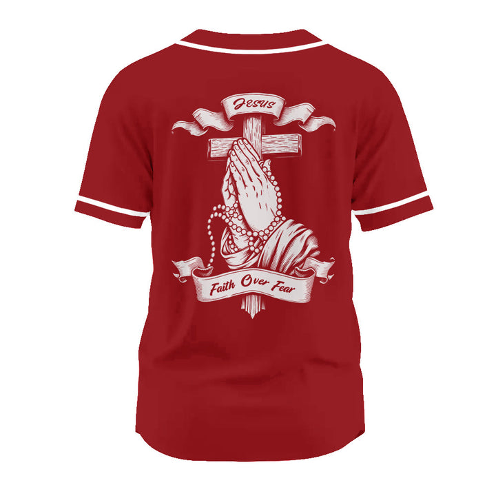 Christianartworkshop Inspirational Jesus Faith Over Fear Unisex Baseball Jersey with Praying Hands  - image 5
