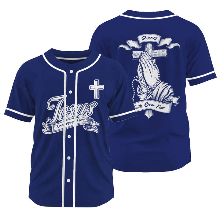 Christianartworkshop Inspirational Jesus Faith Over Fear Unisex Baseball Jersey with Praying Hands  - Navy Blue - 3XL - image 11