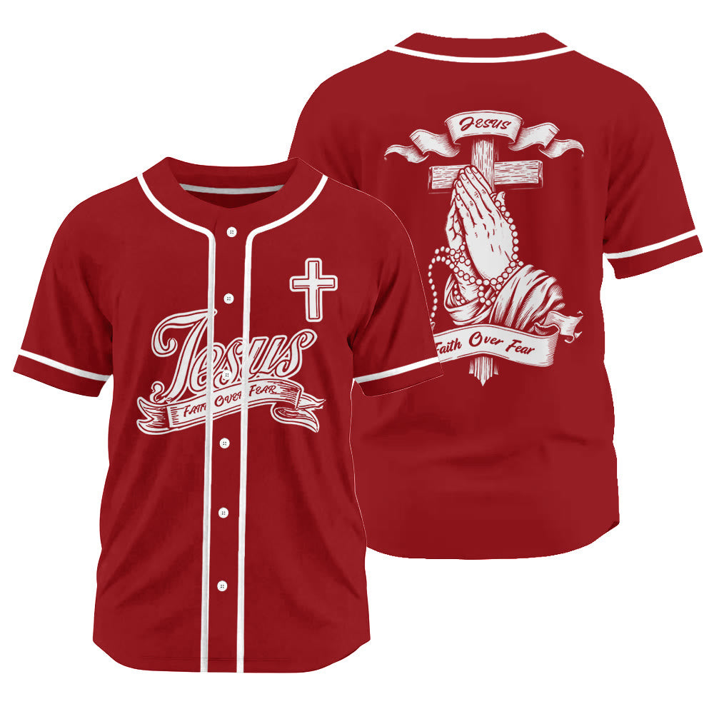 Christianartworkshop Inspirational Jesus Faith Over Fear Unisex Baseball Jersey with Praying Hands  - Red - 3XL - image 0