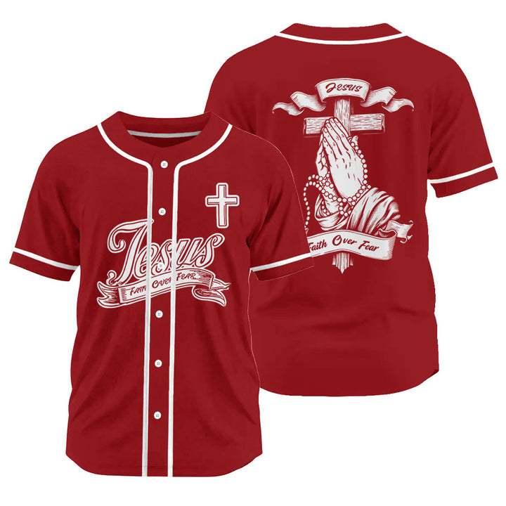 Christianartworkshop Inspirational Jesus Faith Over Fear Unisex Baseball Jersey with Praying Hands  - Red - 3XL - image 0