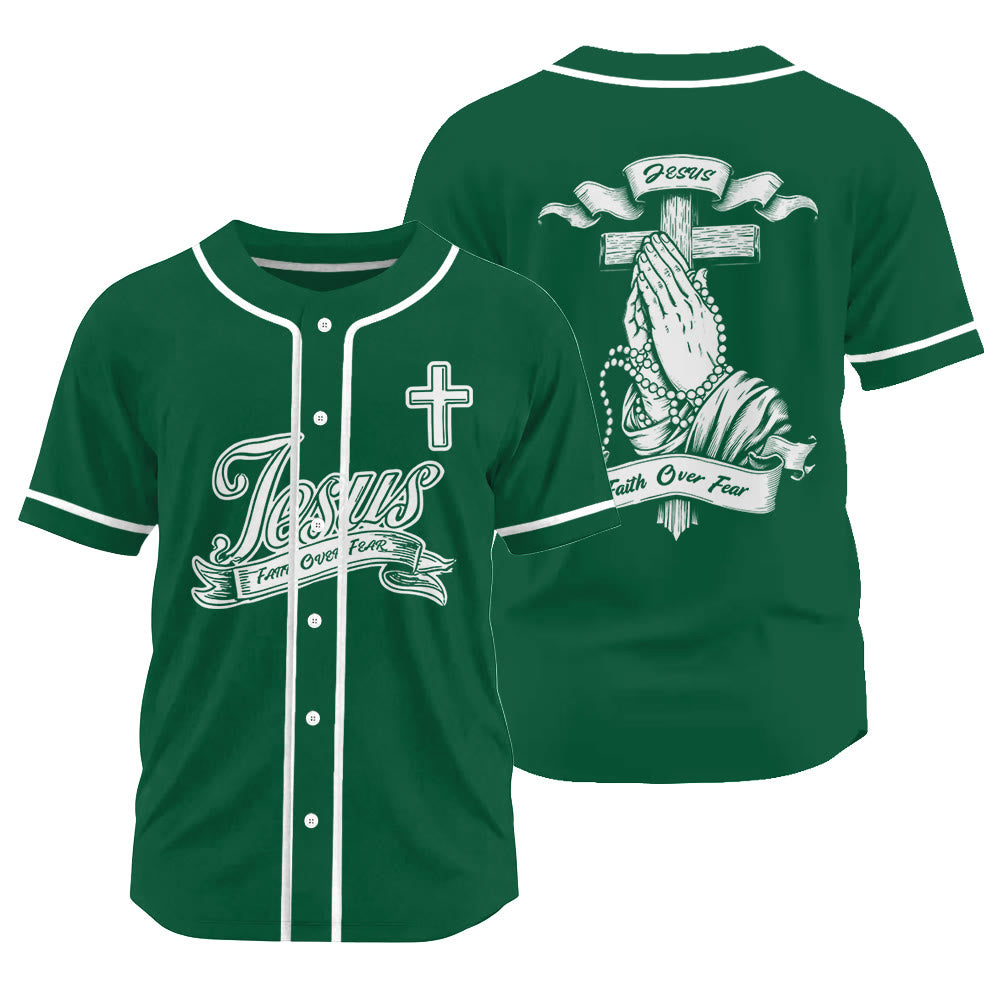 Christianartworkshop Inspirational Jesus Faith Over Fear Unisex Baseball Jersey with Praying Hands  - Green - 3XL - image 17