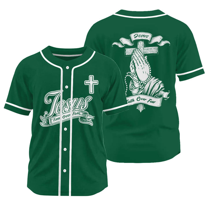 Christianartworkshop Inspirational Jesus Faith Over Fear Unisex Baseball Jersey with Praying Hands  - Green - 3XL - image 17