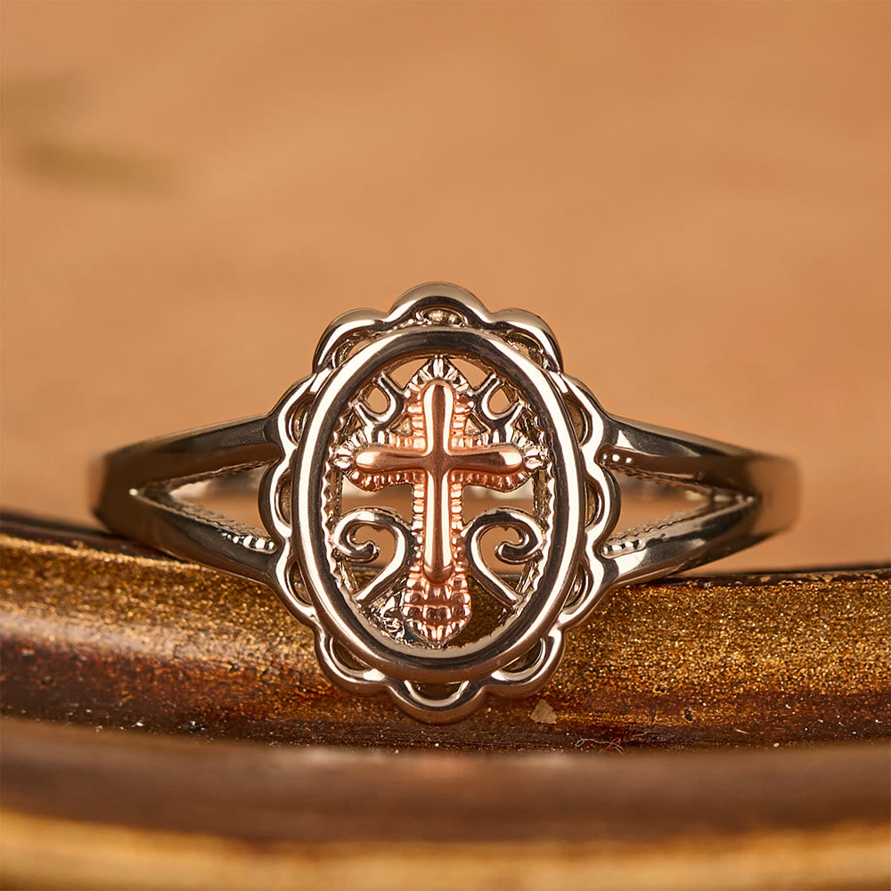 FREE Today: Dual - Tone Cross Ring: Silver & Rose Gold Filigree Faith Jewelry - Silver - US 10 - image 0