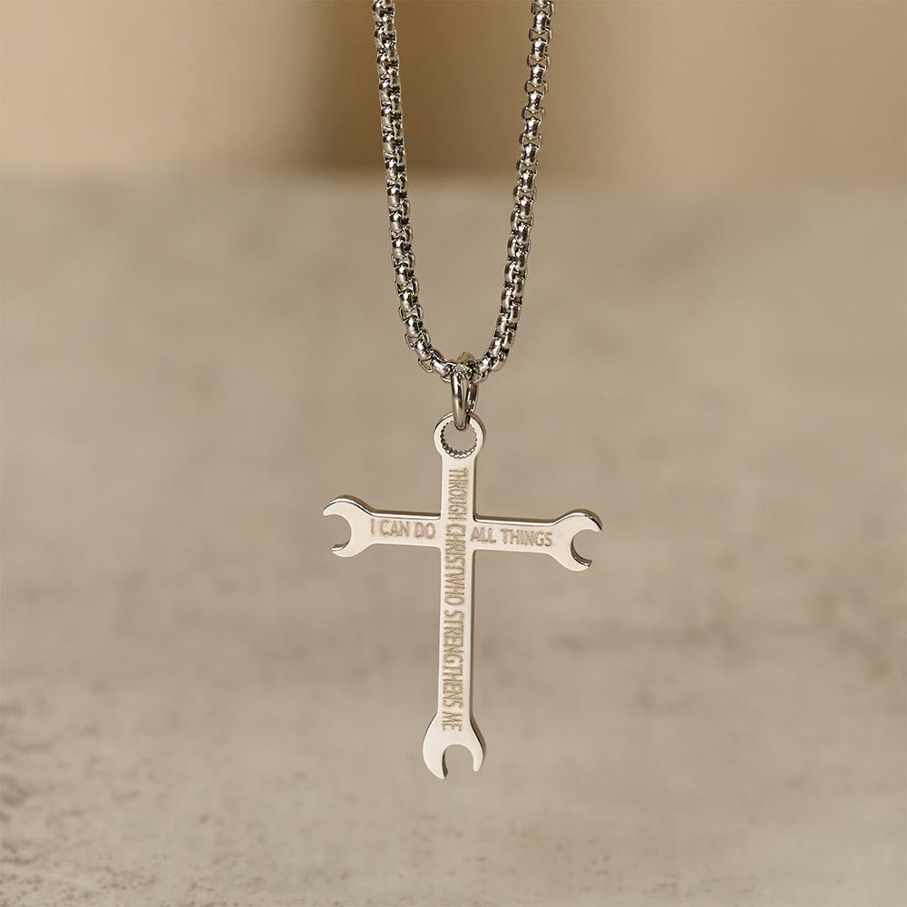 Christianartworkshop Minimalist Tricolor Wrench Cross Necklace with Faith & Strength Bible Verse - Silver - image 4