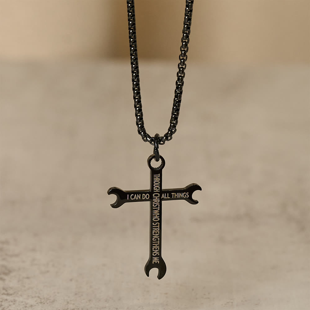 Christianartworkshop Minimalist Tricolor Wrench Cross Necklace with Faith & Strength Bible Verse - Black - image 3