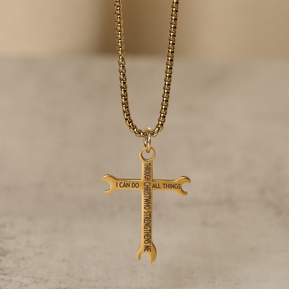 Christianartworkshop Minimalist Tricolor Wrench Cross Necklace with Faith & Strength Bible Verse - Golden - image 2