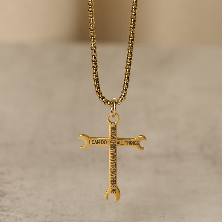 Christianartworkshop Minimalist Tricolor Wrench Cross Necklace with Faith & Strength Bible Verse - Golden - image 2
