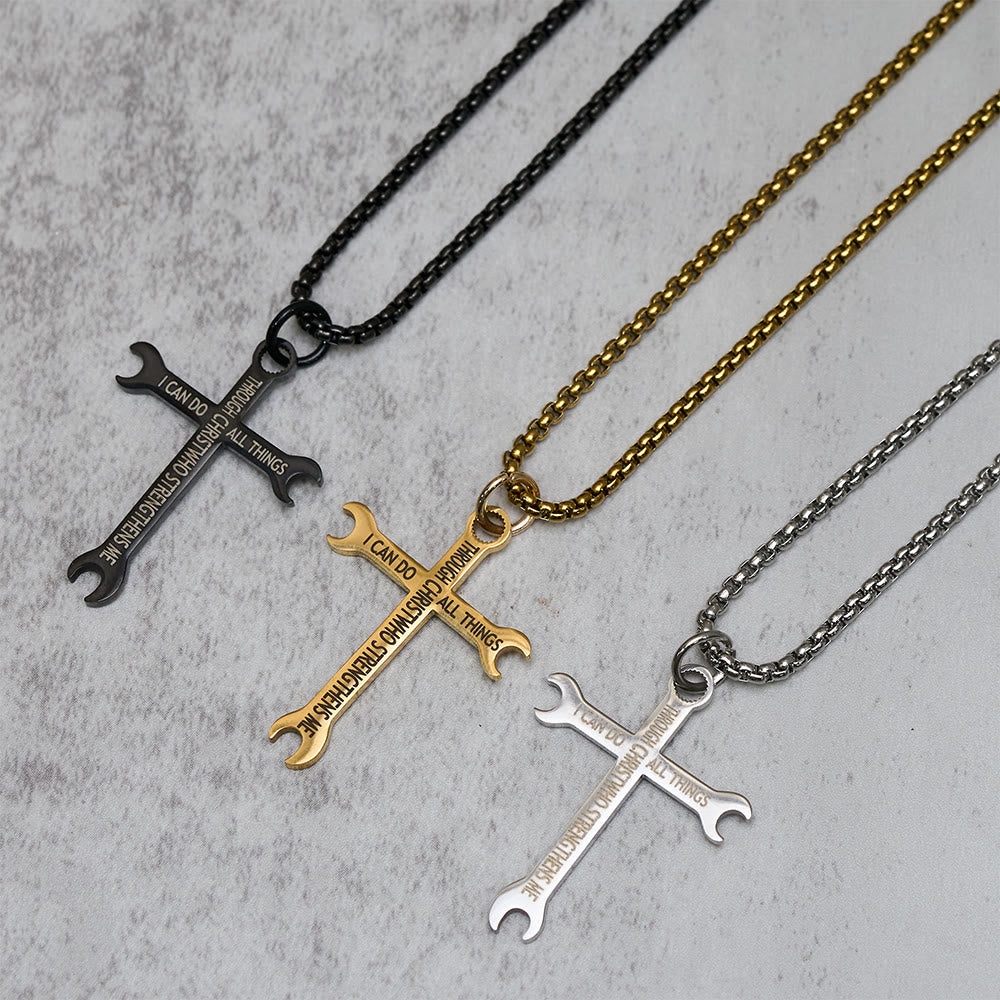 Christianartworkshop Minimalist Tricolor Wrench Cross Necklace with Faith & Strength Bible Verse - image 0