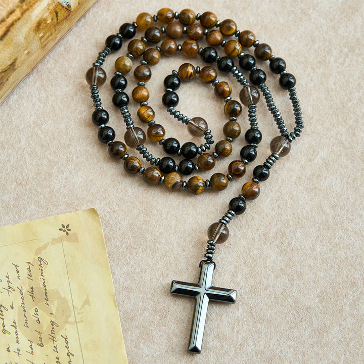 FREE Today: Natural Obsidian Tiger's Eye Rosary Necklace - Hematite Stone Cross Protection Rosary - image 2