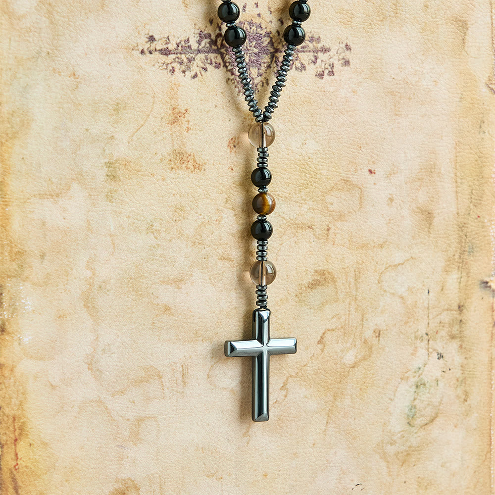 FREE Today: Natural Obsidian Tiger's Eye Rosary Necklace - Hematite Stone Cross Protection Rosary - image 7