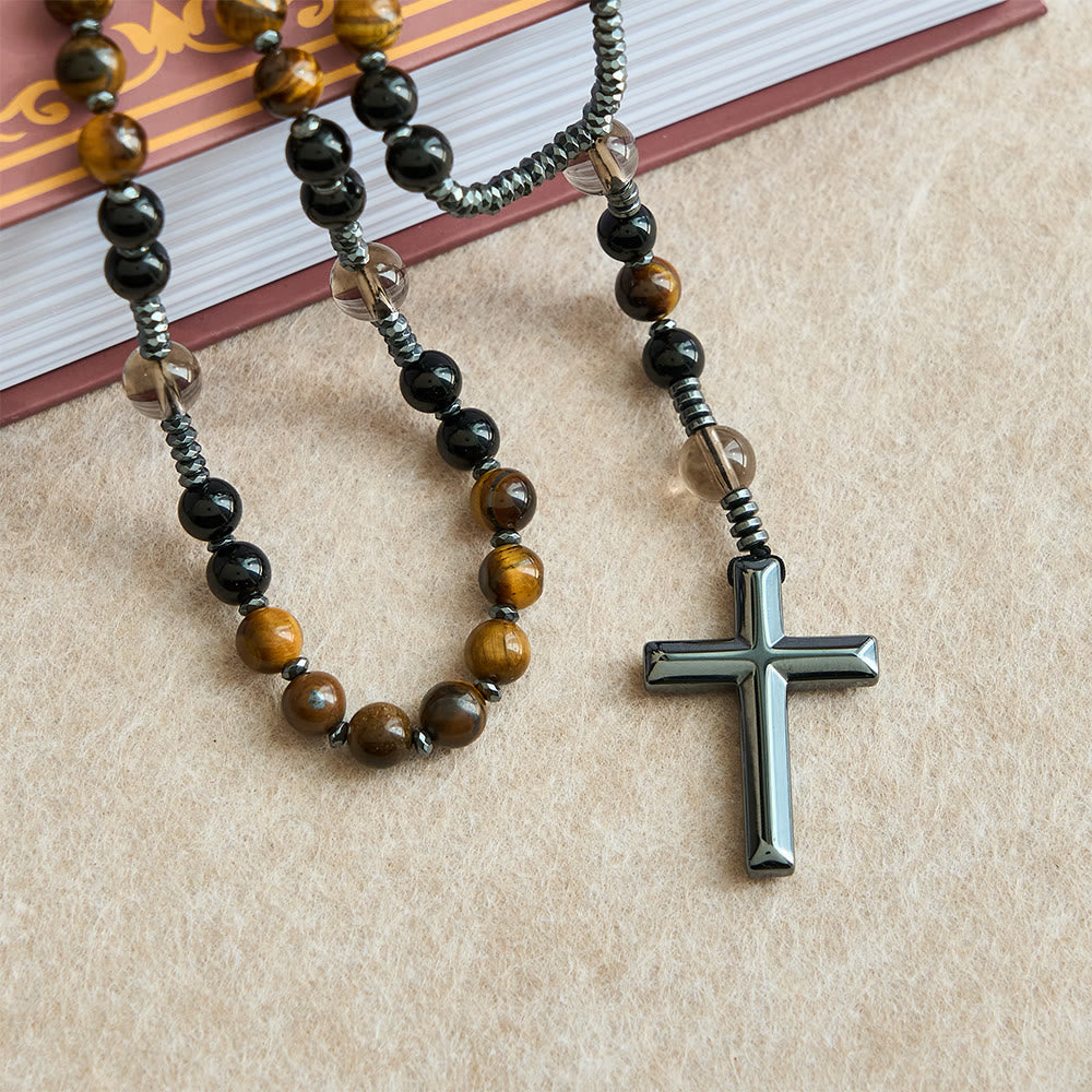 FREE Today: Natural Obsidian Tiger's Eye Rosary Necklace - Hematite Stone Cross Protection Rosary - image 6