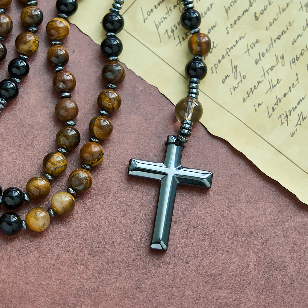 FREE Today: Natural Obsidian Tiger's Eye Rosary Necklace - Hematite Stone Cross Protection Rosary - image 3