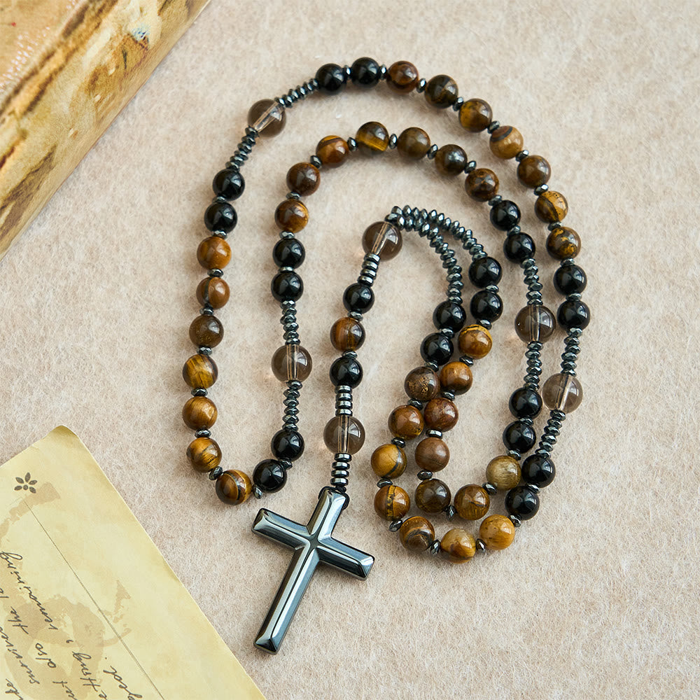 FREE Today: Natural Obsidian Tiger's Eye Rosary Necklace - Hematite Stone Cross Protection Rosary - image 1