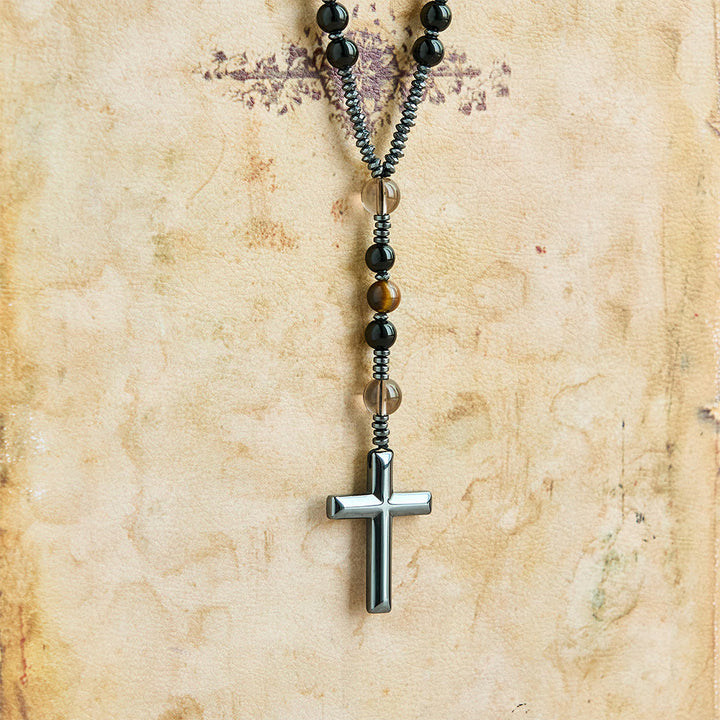 Christianartworkshop Natural Obsidian Tiger's Eye Rosary Necklace - Hematite Stone Cross Protection Rosary - image 7