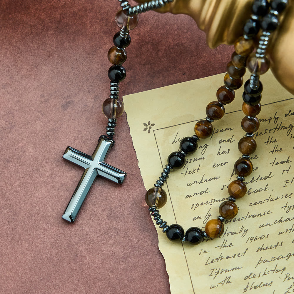 Christianartworkshop Natural Obsidian Tiger's Eye Rosary Necklace - Hematite Stone Cross Protection Rosary - image 4