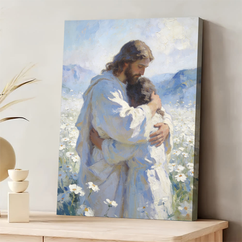 Christianartworkshop Jesus’ Tender Embrace in Flower Field Wall Art Print: Visual Reminder of His Unconditional Love - 13.77"*19.58"*0.7"/35*50*1.8cm - Framed Canvas Painting - image 0