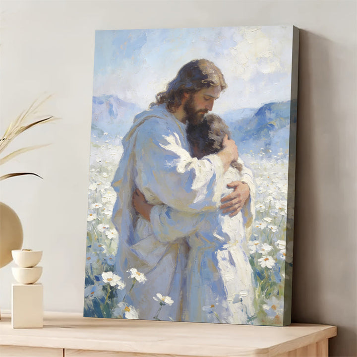Christianartworkshop Jesus’ Tender Embrace in Flower Field Wall Art Print: Visual Reminder of His Unconditional Love - 13.77"*19.58"*0.7"/35*50*1.8cm - Framed Canvas Painting - image 0