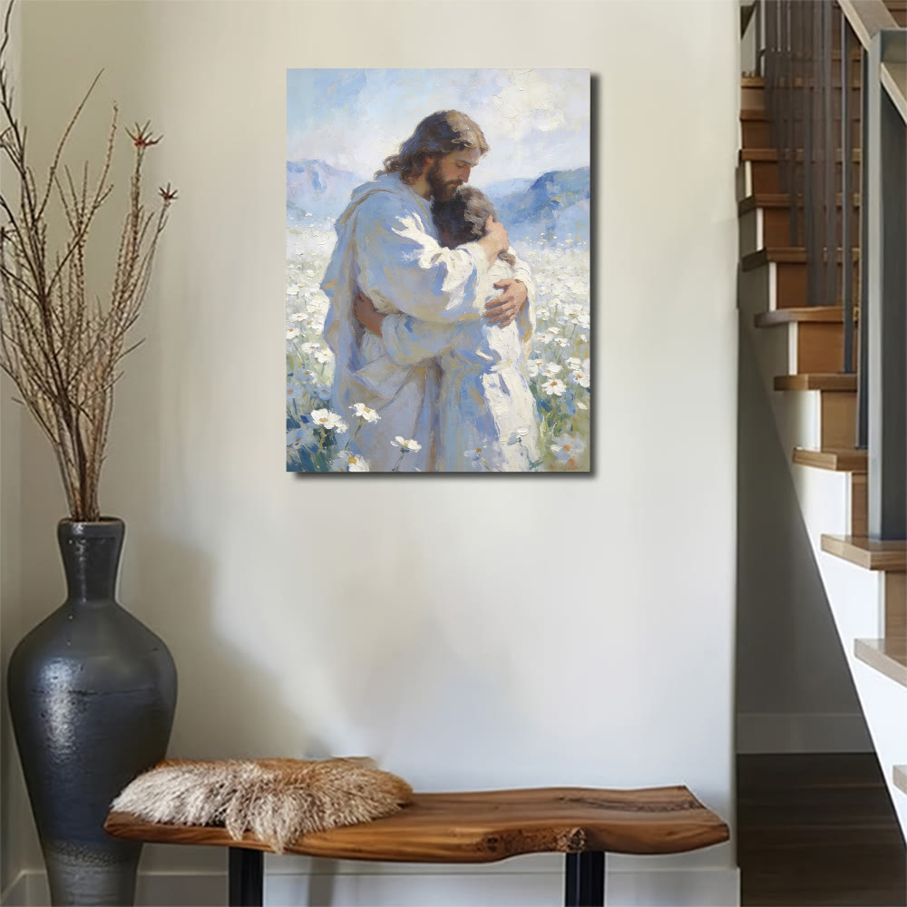 Christianartworkshop Jesus’ Tender Embrace in Flower Field Wall Art Print: Visual Reminder of His Unconditional Love - image 4