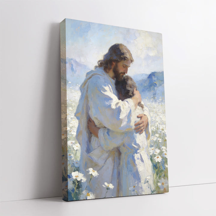 Christianartworkshop Jesus’ Tender Embrace in Flower Field Wall Art Print: Visual Reminder of His Unconditional Love - image 2
