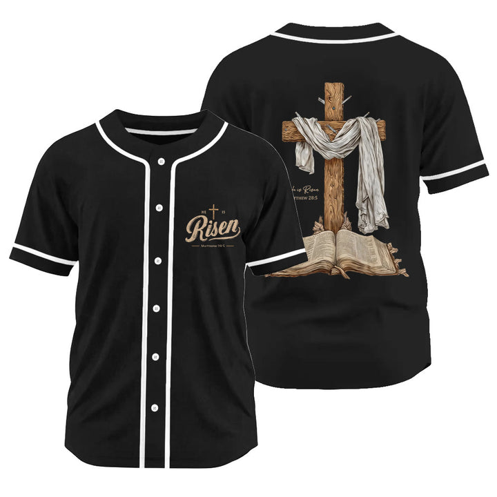 Christianartworkshop He Is Risen Resurrection Cross Baseball Jersey - Black - 3XL - image 8
