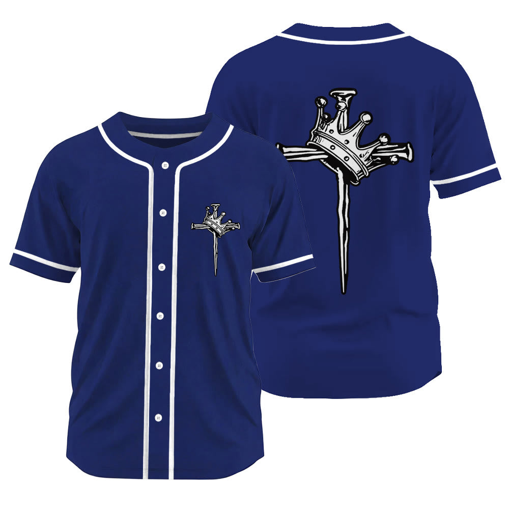Christianartworkshop Jesus King of Kings Crown and Cross Unisex Baseball Jersey - Navy Blue - 3XL - image 14