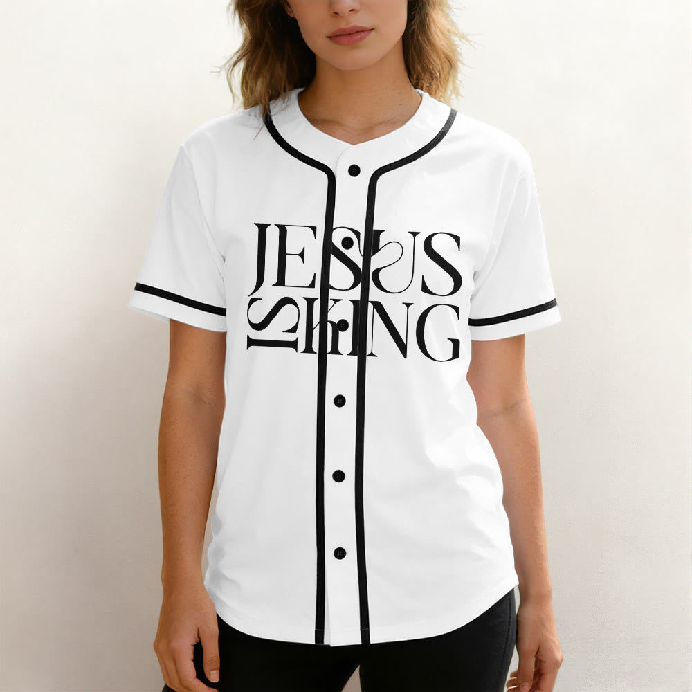 Christianartworkshop Sketch-Style Graphic Jesus Is King Statement Unisex Baseball Jersey - image 4