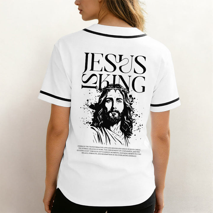 Christianartworkshop Sketch-Style Graphic Jesus Is King Statement Unisex Baseball Jersey - image 3