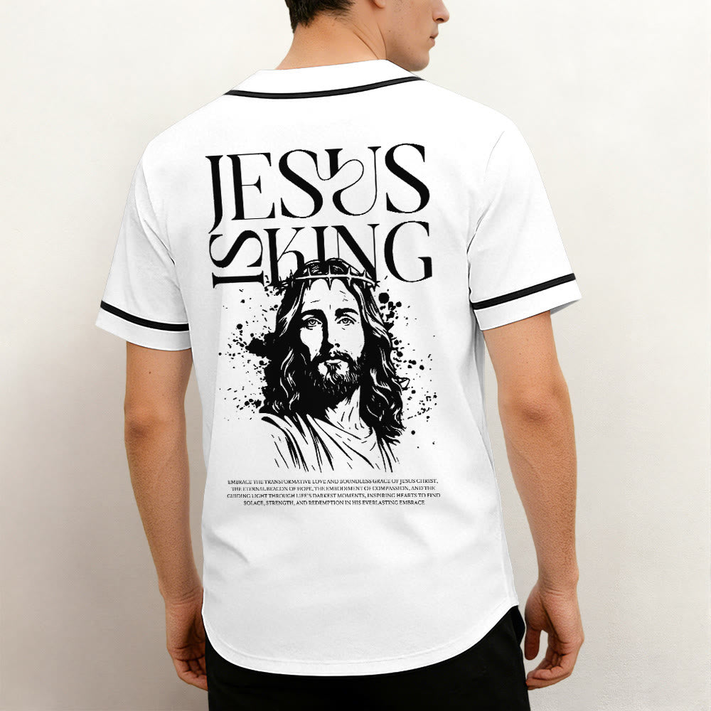 Christianartworkshop Sketch-Style Graphic Jesus Is King Statement Unisex Baseball Jersey - image 1
