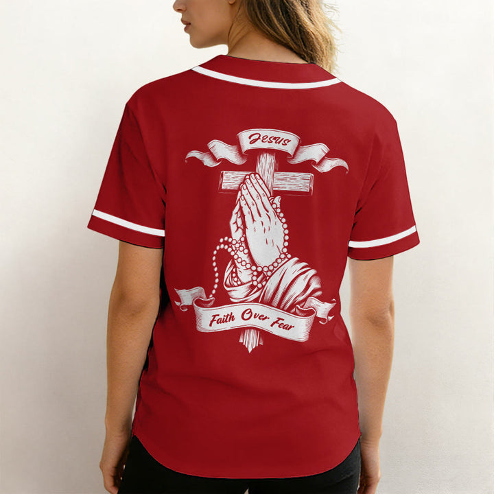 Christianartworkshop Inspirational Jesus Faith Over Fear Unisex Baseball Jersey with Praying Hands  - image 4