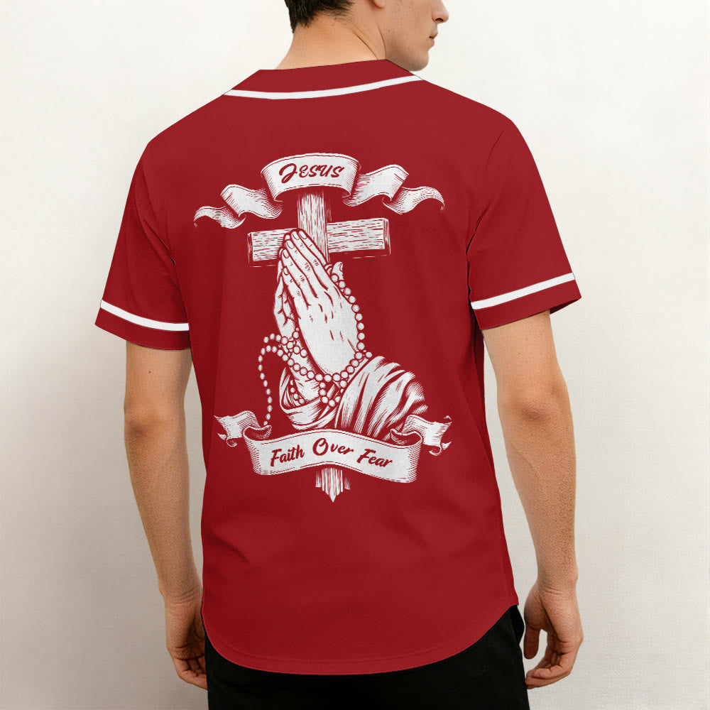 Christianartworkshop Inspirational Jesus Faith Over Fear Unisex Baseball Jersey with Praying Hands  - image 2