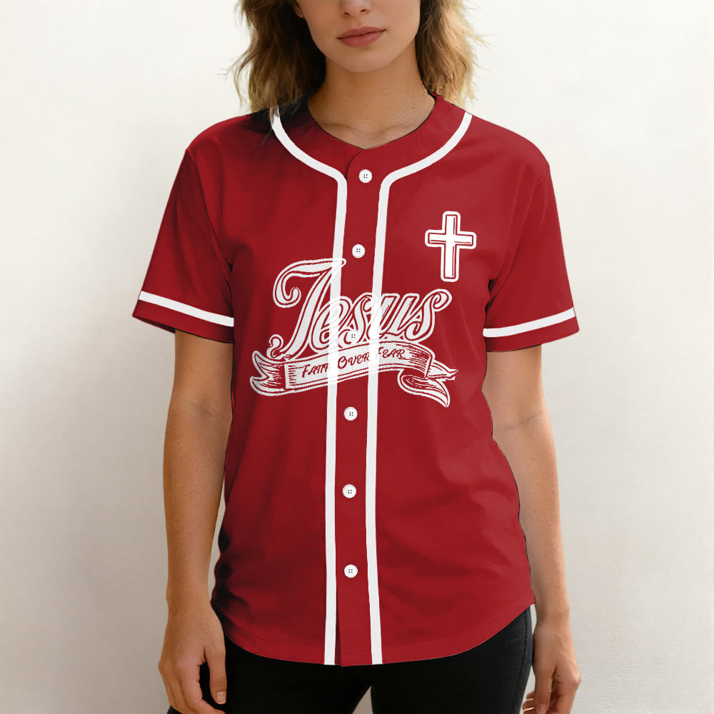 Christianartworkshop Inspirational Jesus Faith Over Fear Unisex Baseball Jersey with Praying Hands  - image 3