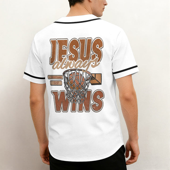 Christianartworkshop Retro Athletic Jesus Always Wins Basketball Themed Unisex Baseball Jersey - image 1