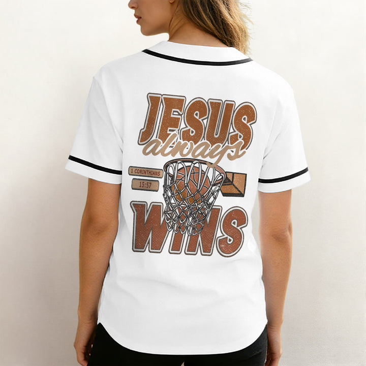Christianartworkshop Retro Athletic Jesus Always Wins Basketball Themed Unisex Baseball Jersey - image 3