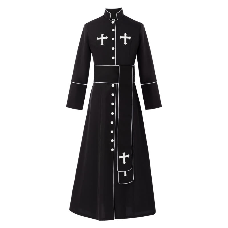 Christianartworkshop Ceremonial Black and White Stand Collar Clergy Robe Cassock with Belt & Cross Motifs - image 5