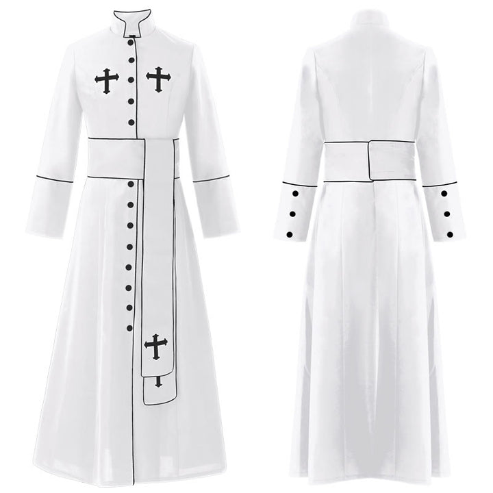 Christianartworkshop Ceremonial Black and White Stand Collar Cassock with Belt & Cross Motifs - White - 2XL - image 3
