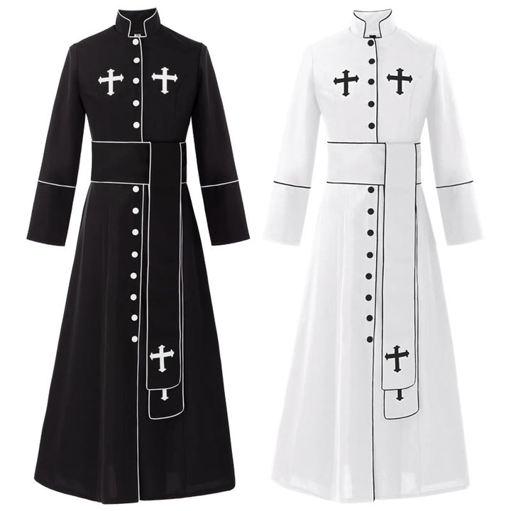 Christianartworkshop Ceremonial Black and White Stand Collar Clergy Robe Cassock with Belt & Cross Motifs - image 1