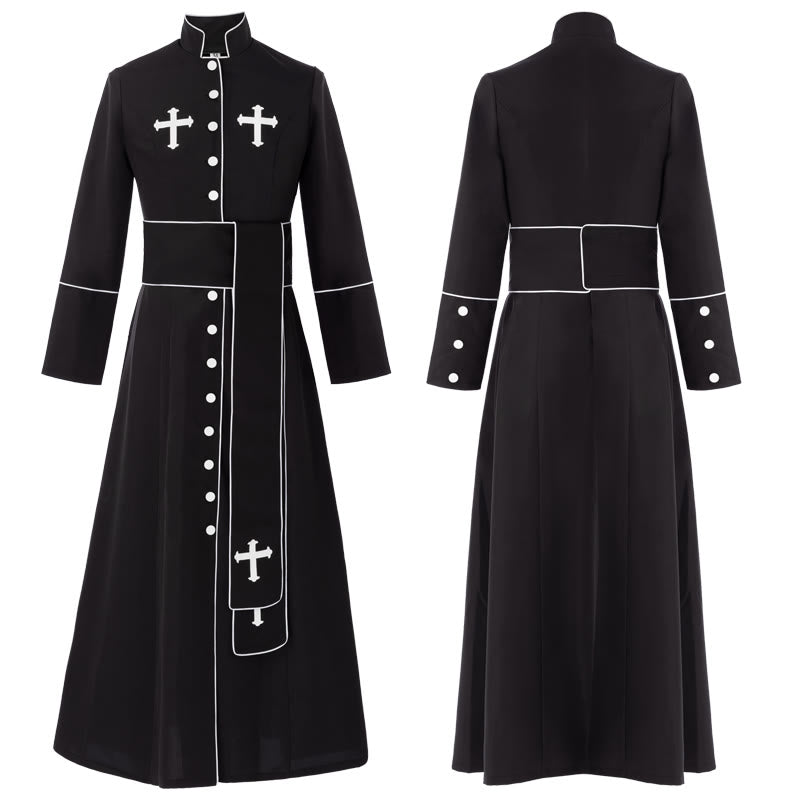 Christianartworkshop Ceremonial Black and White Stand Collar Cassock with Belt & Cross Motifs - Black - 2XL - image 4