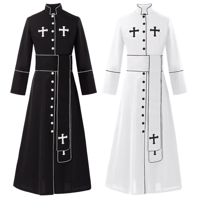 Christianartworkshop Ceremonial Black and White Stand Collar Cassock with Belt & Cross Motifs - image 2