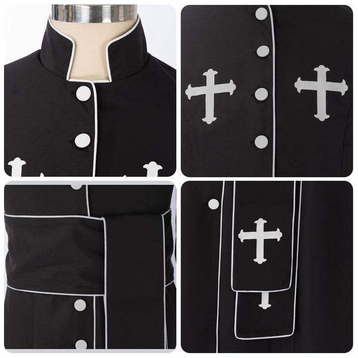 Christianartworkshop Ceremonial Black and White Stand Collar Clergy Robe Cassock with Belt & Cross Motifs - image 10