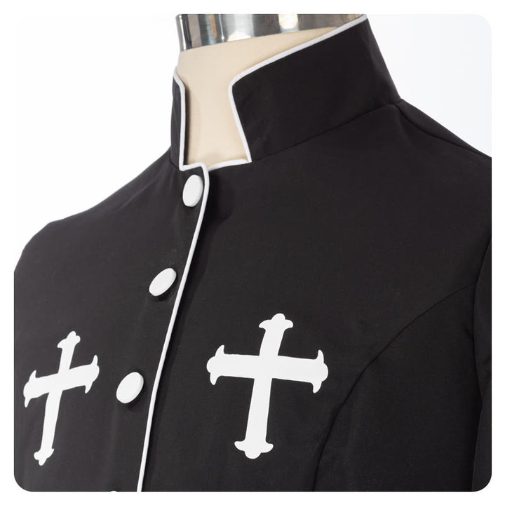 Christianartworkshop Ceremonial Black and White Stand Collar Clergy Robe Cassock with Belt & Cross Motifs - image 7