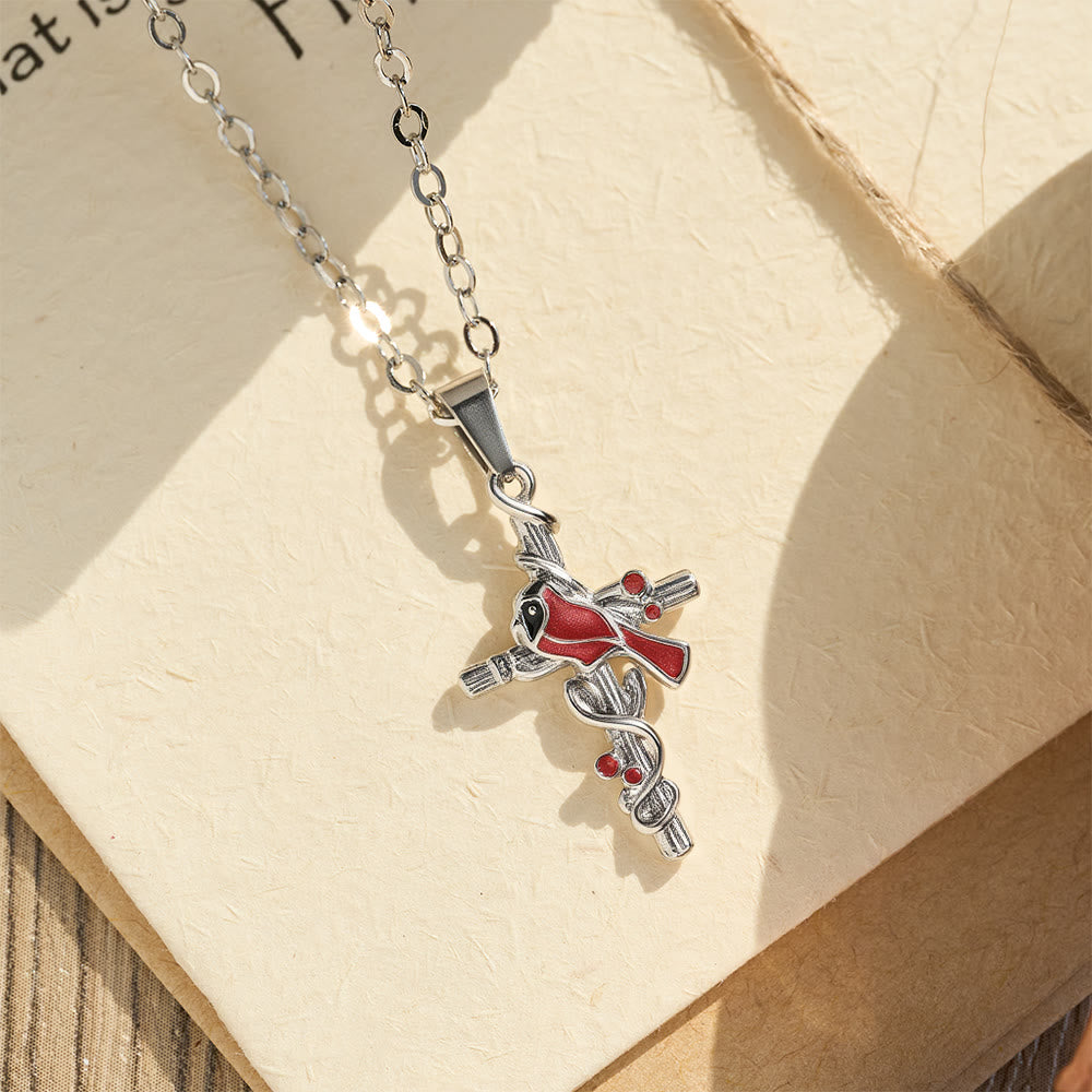 Christianartworkshop Crafted Cardinal Necklace Cross Pendant Red Bird Necklace - Silver - image 0