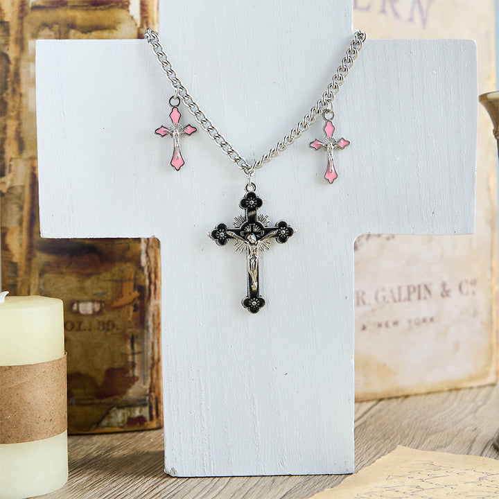 Christianartworkshop Classic Style Colorful Crafted Triple Crucifix Pendant Chain Necklace - Black - image 3