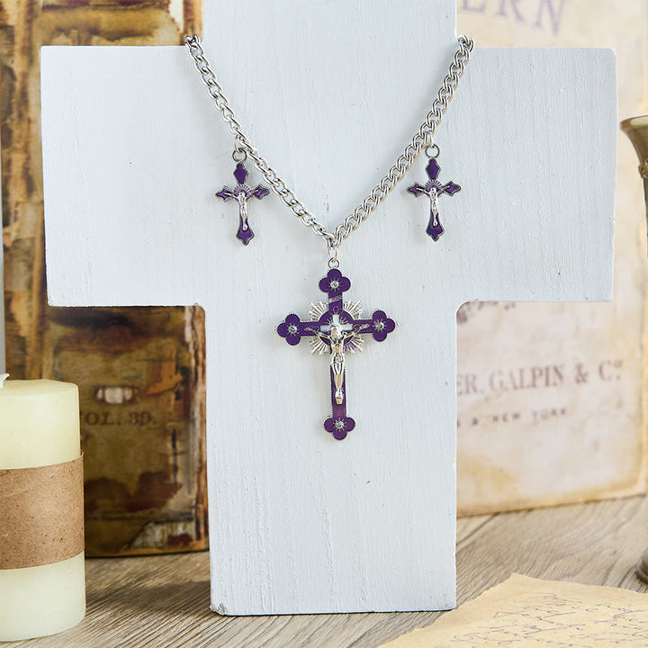 Christianartworkshop Classic Style Colorful Crafted Triple Crucifix Pendant Chain Necklace - Purple - image 2