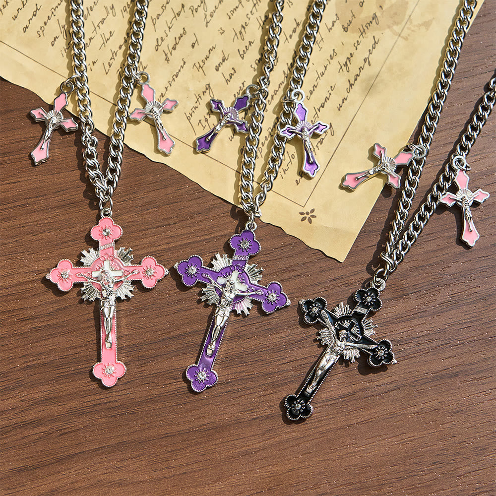 Christianartworkshop Classic Style Colorful Crafted Triple Crucifix Pendant Chain Necklace - image 0