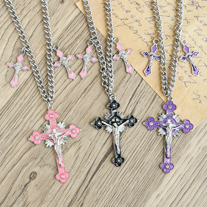 Christianartworkshop Classic Style Colorful Crafted Triple Crucifix Pendant Chain Necklace - image 8